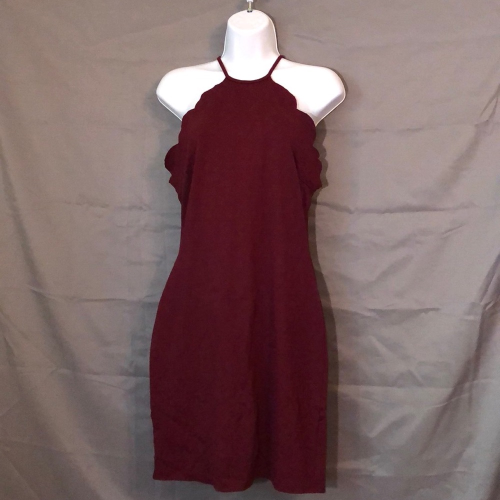 Maroon Scalloped Halter Dress